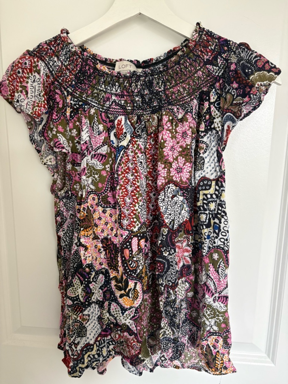 LOFT Pink Multi Paisley Smocked-Neck Short Sleeve Top